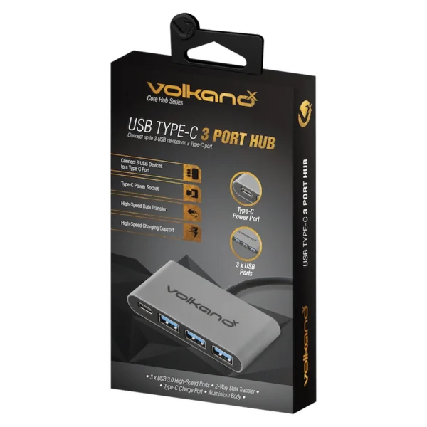 VolkanoX Core Hub series USB Type C to 3x USB 3.0 plus Power - 10cm - Charcoal